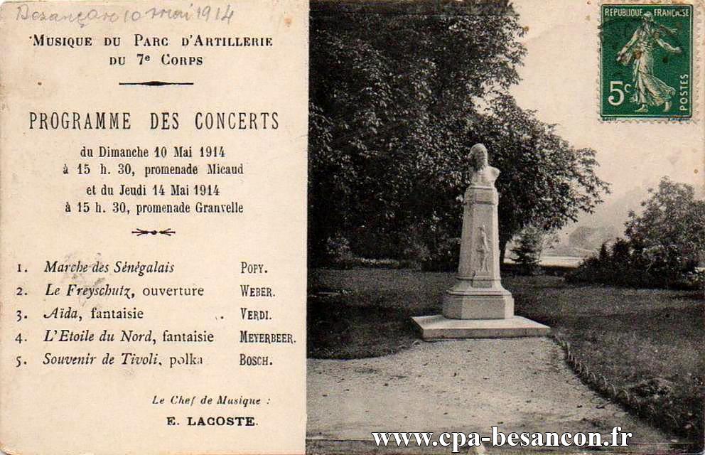 Musique du Parc d'Artillerie du 7e Corps - Programme des Concerts du Dimanche 10 Mai 1914 à 15h30, promenade Micaud et du Jeudi 14 Mai 1914 à 15h30, promenade Granvelle